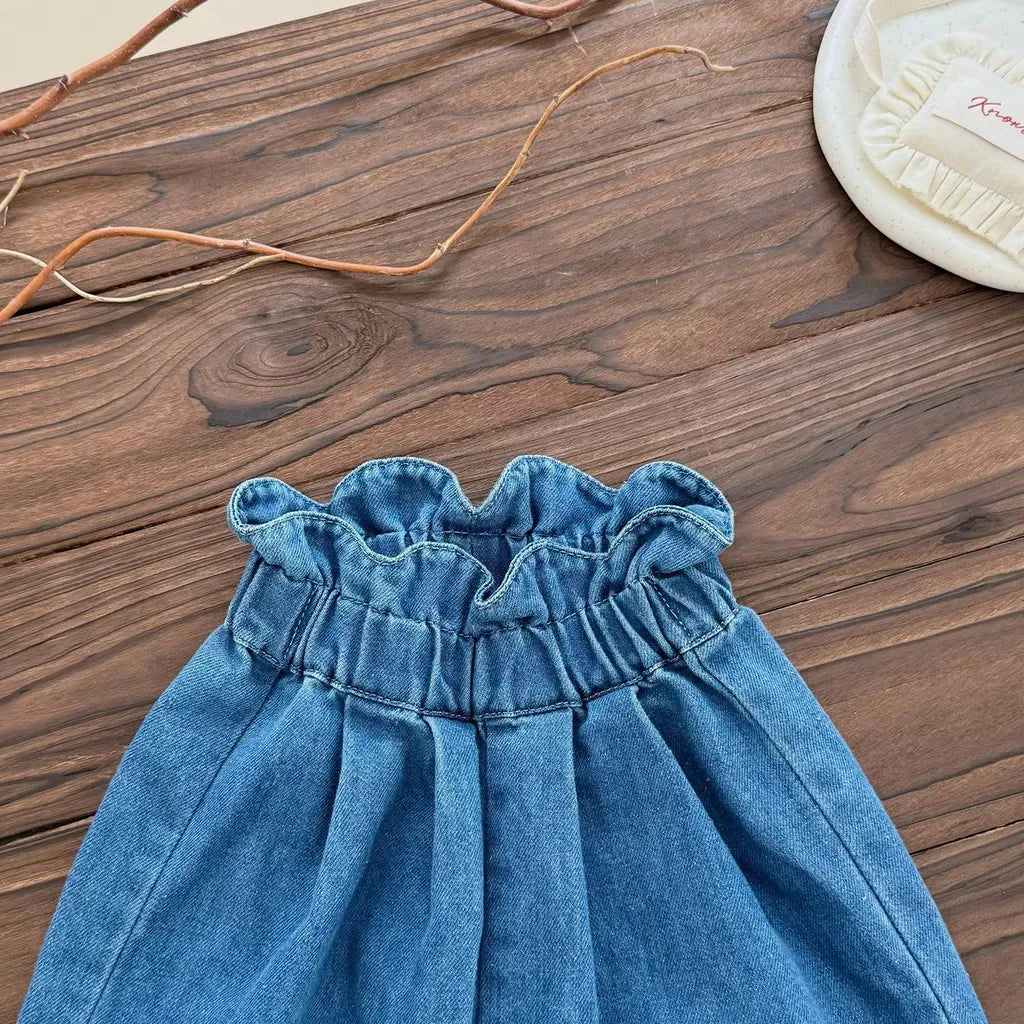 デニムパンツ 裾刺繍フリルウエストデニムワイドパンツ【mh0011153】