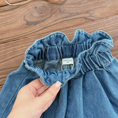 デニムパンツ 裾刺繍フリルウエストデニムワイドパンツ【mh0011153】