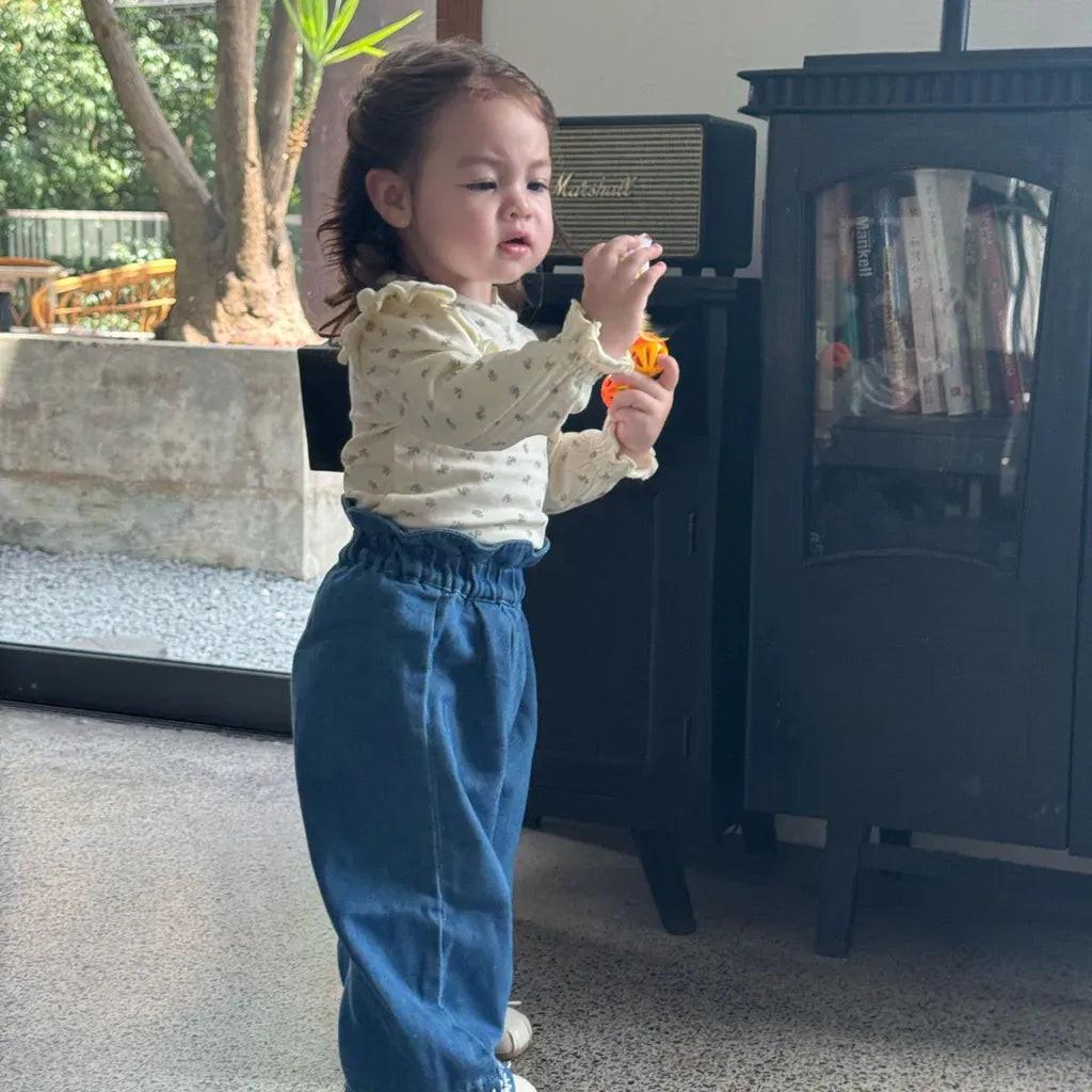 デニムパンツ 裾刺繍フリルウエストデニムワイドパンツ【mh0011153】