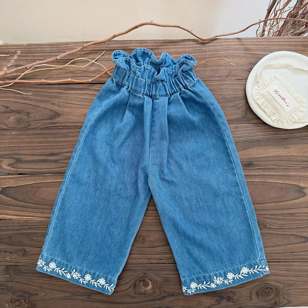デニムパンツ 裾刺繍フリルウエストデニムワイドパンツ【mh0011153】