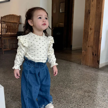 デニムパンツ 裾刺繍フリルウエストデニムワイドパンツ【mh0011153】