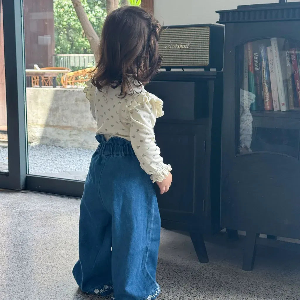 デニムパンツ 裾刺繍フリルウエストデニムワイドパンツ【mh0011153】