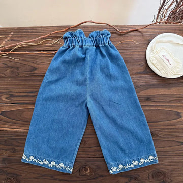 デニムパンツ 裾刺繍フリルウエストデニムワイドパンツ【mh0011153】
