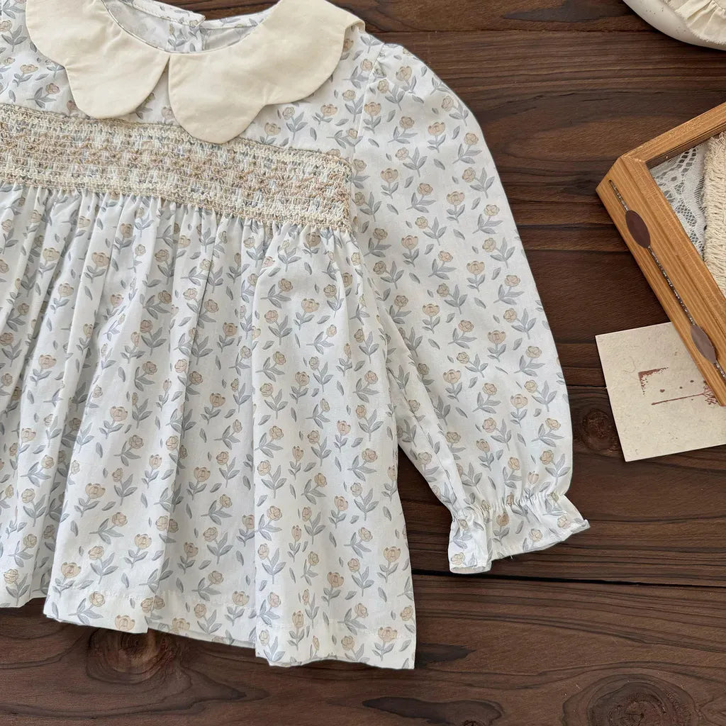 長袖シャツ・ブラウス 花柄刺繍シャーリングチュニックブラウス【mh0011155】