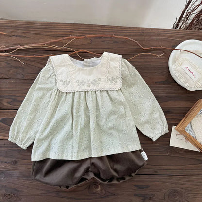 長袖シャツ・ブラウス 花柄刺繍ビッグ襟ブラウス【mh0011156】