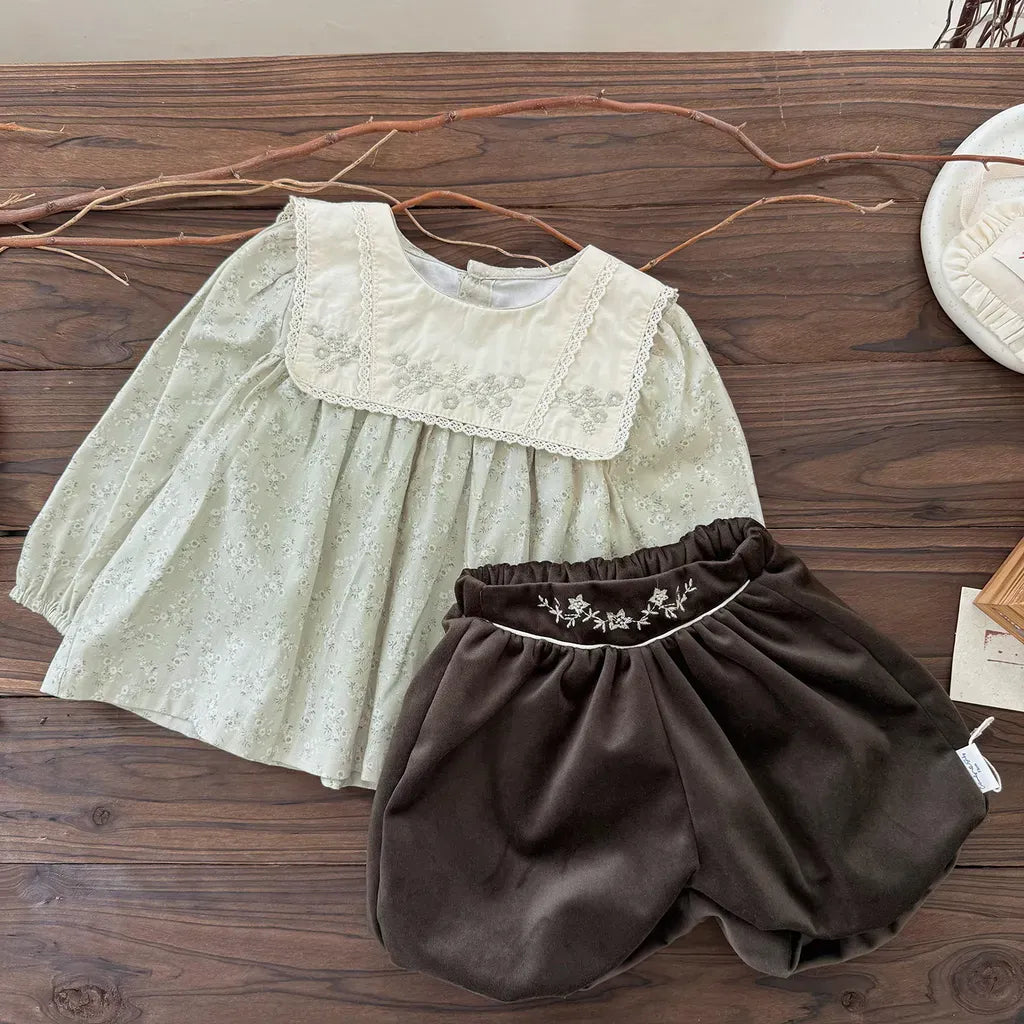 長袖シャツ・ブラウス 花柄刺繍ビッグ襟ブラウス【mh0011156】