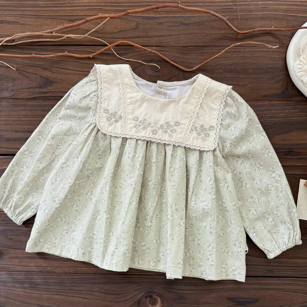 長袖シャツ・ブラウス 花柄刺繍ビッグ襟ブラウス【mh0011156】