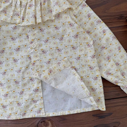 長袖シャツ・ブラウス フラワープリントフリルビッグカラーブラウス【mh0011162】