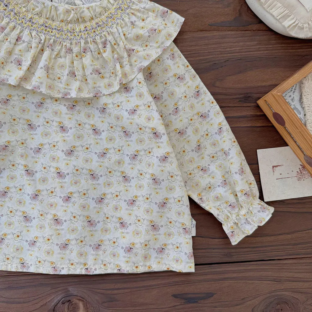 長袖シャツ・ブラウス フラワープリントフリルビッグカラーブラウス【mh0011162】