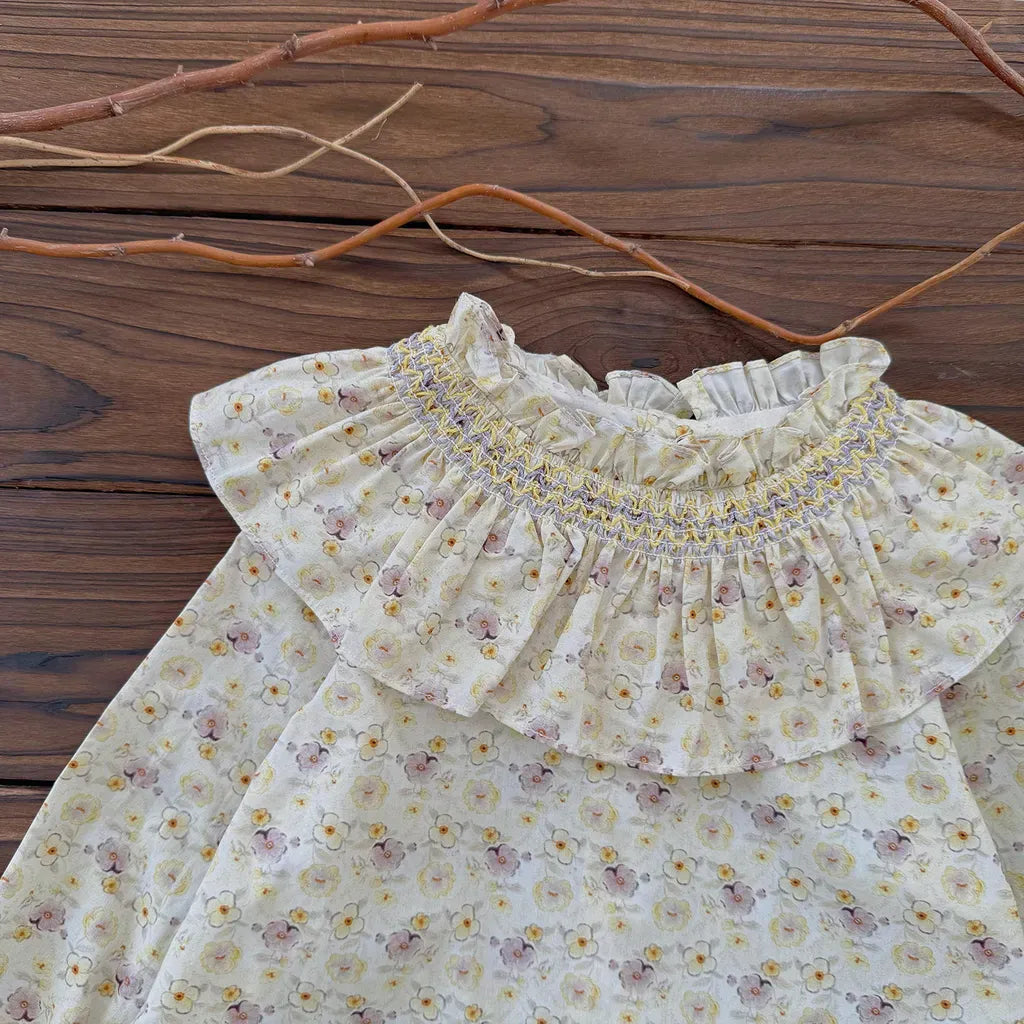 長袖シャツ・ブラウス フラワープリントフリルビッグカラーブラウス【mh0011162】