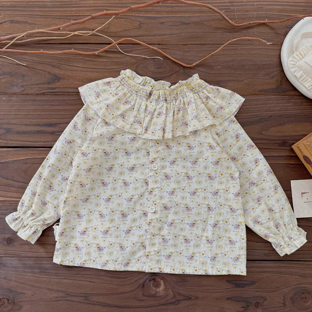 長袖シャツ・ブラウス フラワープリントフリルビッグカラーブラウス【mh0011162】