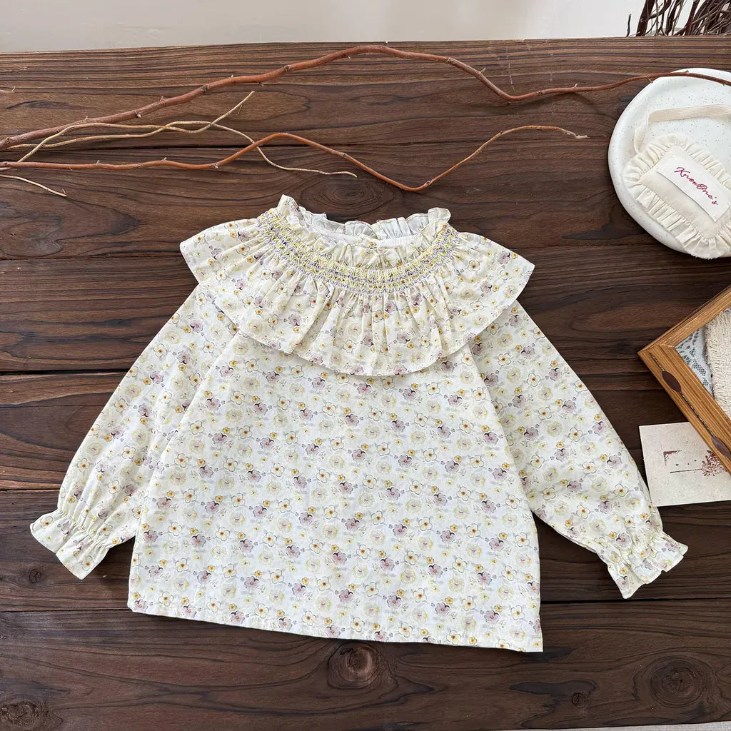 長袖シャツ・ブラウス フラワープリントフリルビッグカラーブラウス【mh0011162】