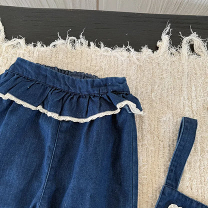 サロペットパンツ・サスペンダーパンツ フラワー刺繍フリルデニムサロペット【mh0011164】