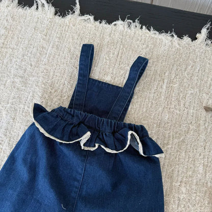 サロペットパンツ・サスペンダーパンツ フラワー刺繍フリルデニムサロペット【mh0011164】