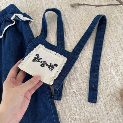 サロペットパンツ・サスペンダーパンツ フラワー刺繍フリルデニムサロペット【mh0011164】