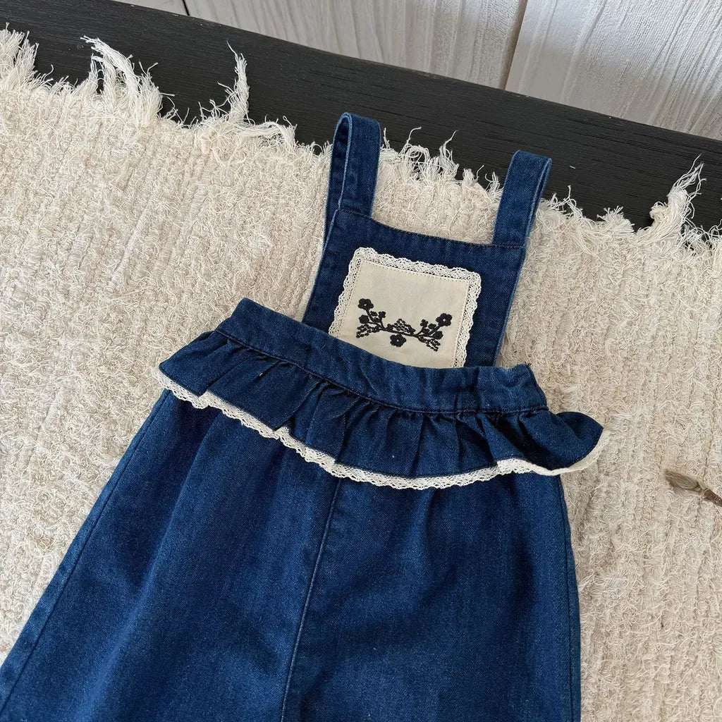 サロペットパンツ・サスペンダーパンツ フラワー刺繍フリルデニムサロペット【mh0011164】
