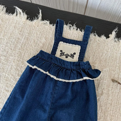 サロペットパンツ・サスペンダーパンツ フラワー刺繍フリルデニムサロペット【mh0011164】