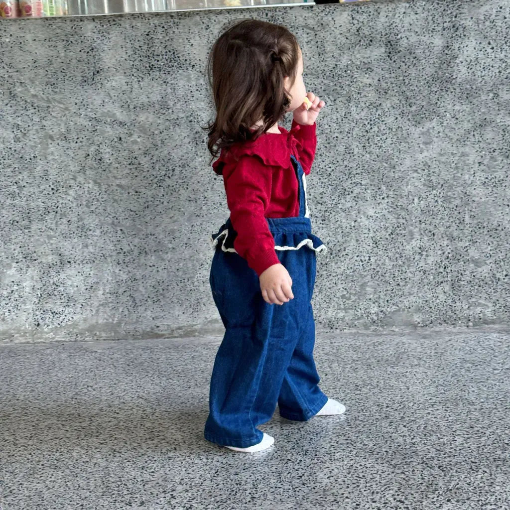 サロペットパンツ・サスペンダーパンツ フラワー刺繍フリルデニムサロペット【mh0011164】