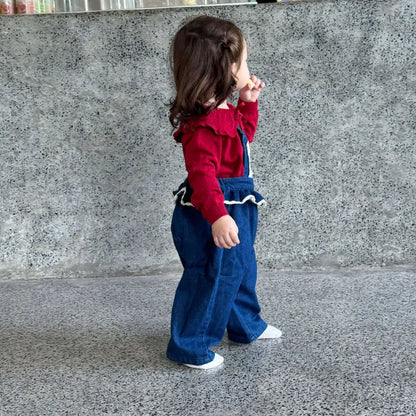 サロペットパンツ・サスペンダーパンツ フラワー刺繍フリルデニムサロペット【mh0011164】