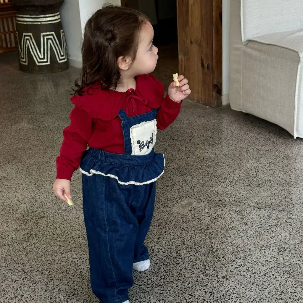 サロペットパンツ・サスペンダーパンツ フラワー刺繍フリルデニムサロペット【mh0011164】