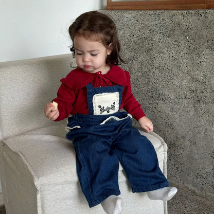 サロペットパンツ・サスペンダーパンツ フラワー刺繍フリルデニムサロペット【mh0011164】