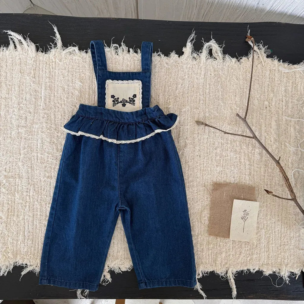 サロペットパンツ・サスペンダーパンツ フラワー刺繍フリルデニムサロペット【mh0011164】