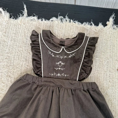 ノースリーブワンピース 刺繍レースフリルスリーブジャンパースカート【mh0011170】