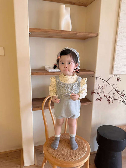 ロンパースセットアップ サスペンダーロンパース 手編み風 フラワーレース レースボンネット 帽子【mh0011504】