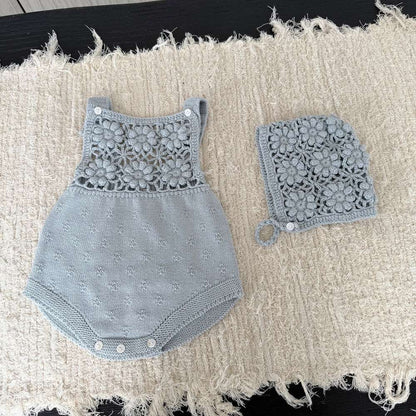 ロンパースセットアップ サスペンダーロンパース 手編み風 フラワーレース レースボンネット 帽子【mh0011504】