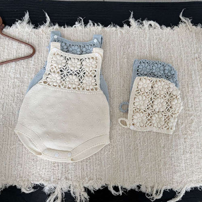 ロンパースセットアップ サスペンダーロンパース 手編み風 フラワーレース レースボンネット 帽子【mh0011504】