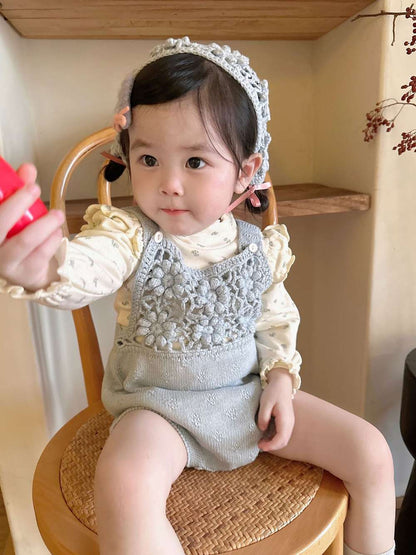 ロンパースセットアップ サスペンダーロンパース 手編み風 フラワーレース レースボンネット 帽子【mh0011504】