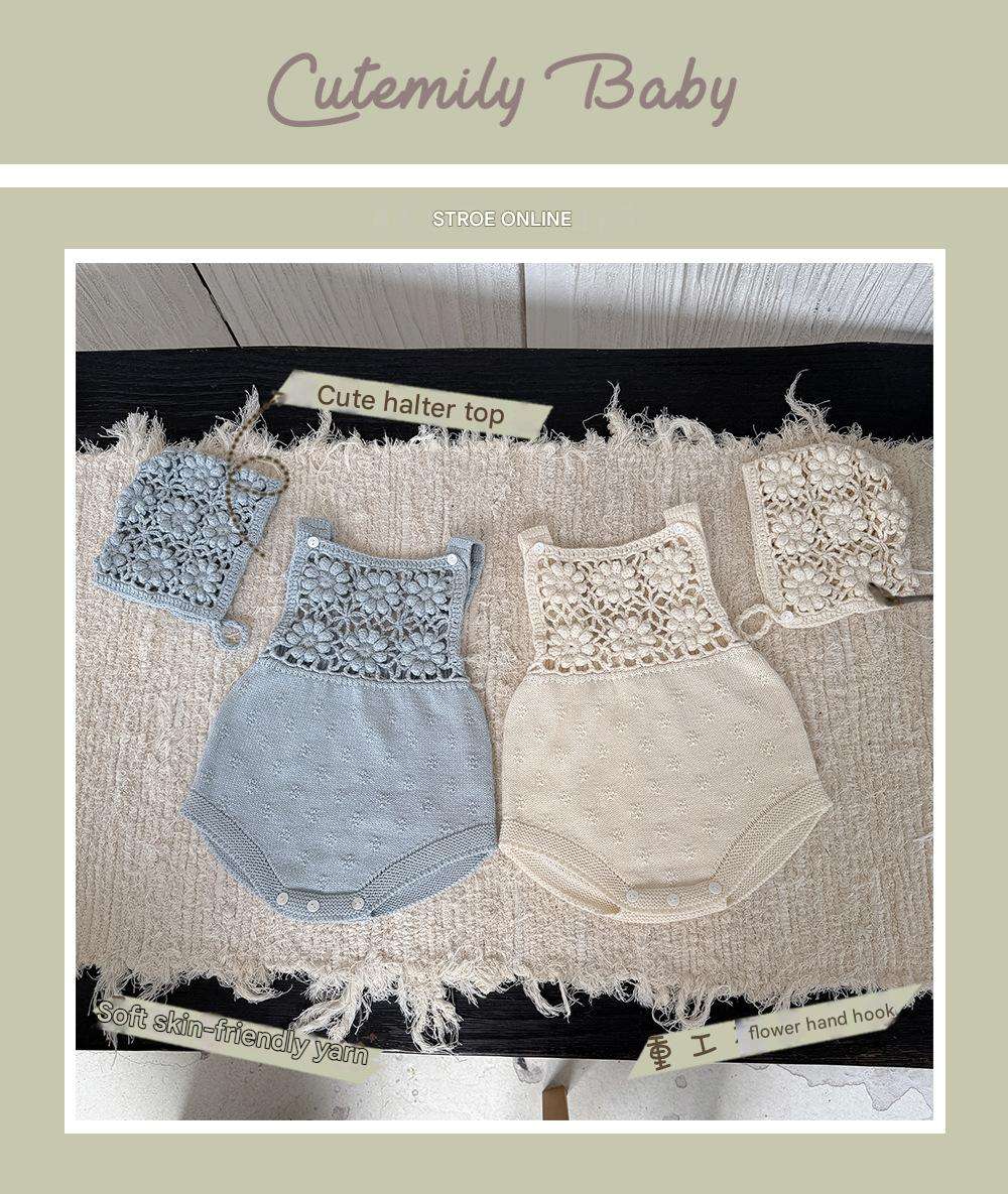 ロンパースセットアップ サスペンダーロンパース 手編み風 フラワーレース レースボンネット 帽子【mh0011504】