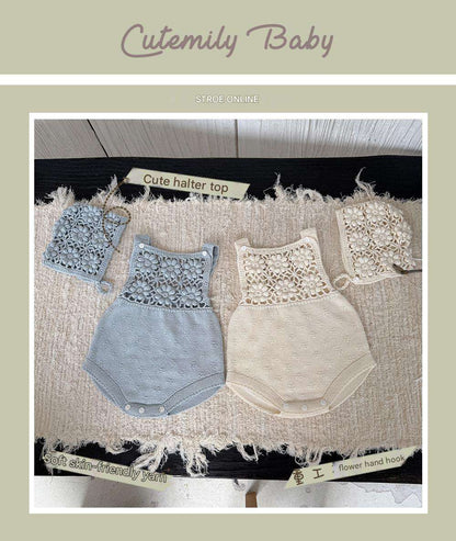 ロンパースセットアップ サスペンダーロンパース 手編み風 フラワーレース レースボンネット 帽子【mh0011504】