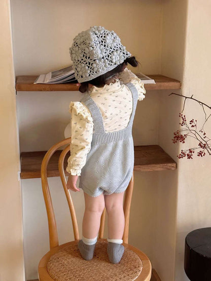 ロンパースセットアップ サスペンダーロンパース 手編み風 フラワーレース レースボンネット 帽子【mh0011504】
