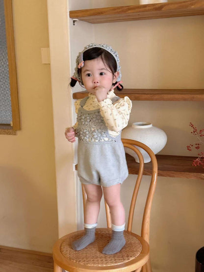 ロンパースセットアップ サスペンダーロンパース 手編み風 フラワーレース レースボンネット 帽子【mh0011504】