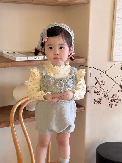 ロンパースセットアップ サスペンダーロンパース 手編み風 フラワーレース レースボンネット 帽子【mh0011504】