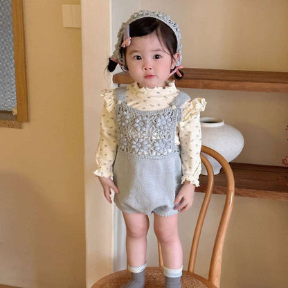 ロンパースセットアップ サスペンダーロンパース 手編み風 フラワーレース レースボンネット 帽子【mh0011504】