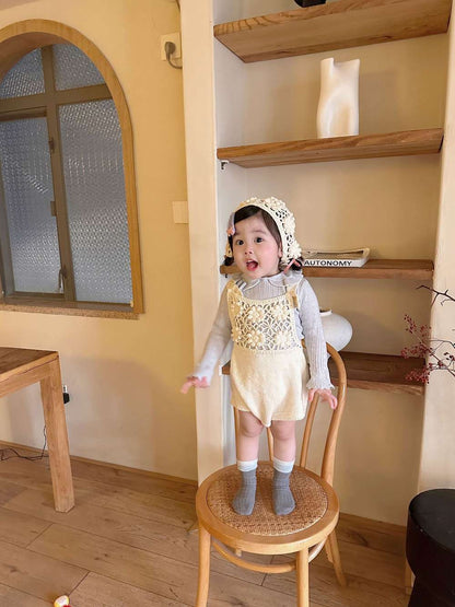 ノースリーブロンパース サスペンダーロンパース 手編み風 フラワーレース レースボンネット 帽子【mh0011505】