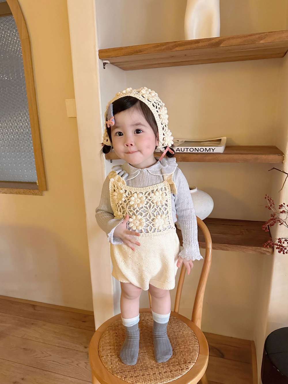 ノースリーブロンパース サスペンダーロンパース 手編み風 フラワーレース レースボンネット 帽子【mh0011505】