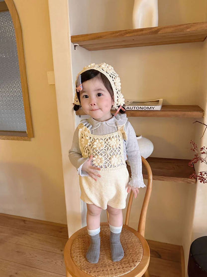 ノースリーブロンパース サスペンダーロンパース 手編み風 フラワーレース レースボンネット 帽子【mh0011505】