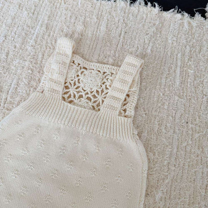 ノースリーブロンパース サスペンダーロンパース 手編み風 フラワーレース レースボンネット 帽子【mh0011505】