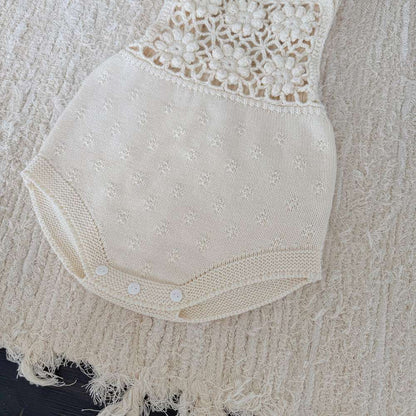 ノースリーブロンパース サスペンダーロンパース 手編み風 フラワーレース レースボンネット 帽子【mh0011505】