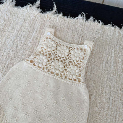 ノースリーブロンパース サスペンダーロンパース 手編み風 フラワーレース レースボンネット 帽子【mh0011505】