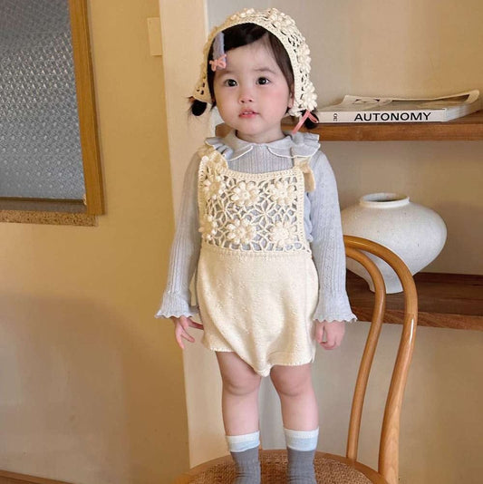 ノースリーブロンパース サスペンダーロンパース 手編み風 フラワーレース レースボンネット 帽子【mh0011505】