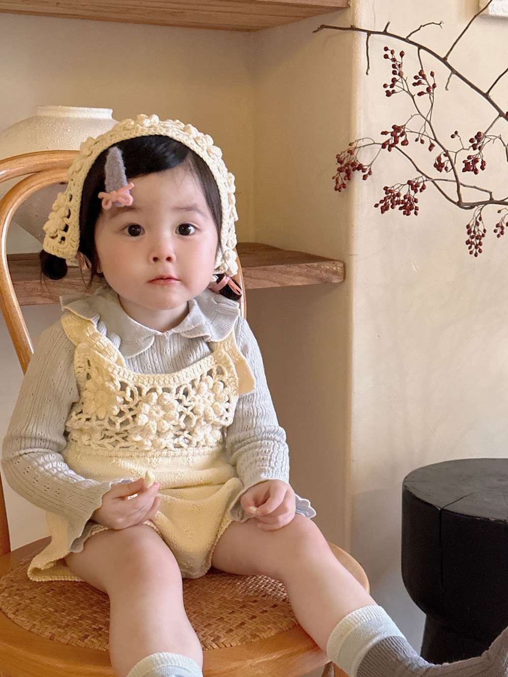 ノースリーブロンパース サスペンダーロンパース 手編み風 フラワーレース レースボンネット 帽子【mh0011505】