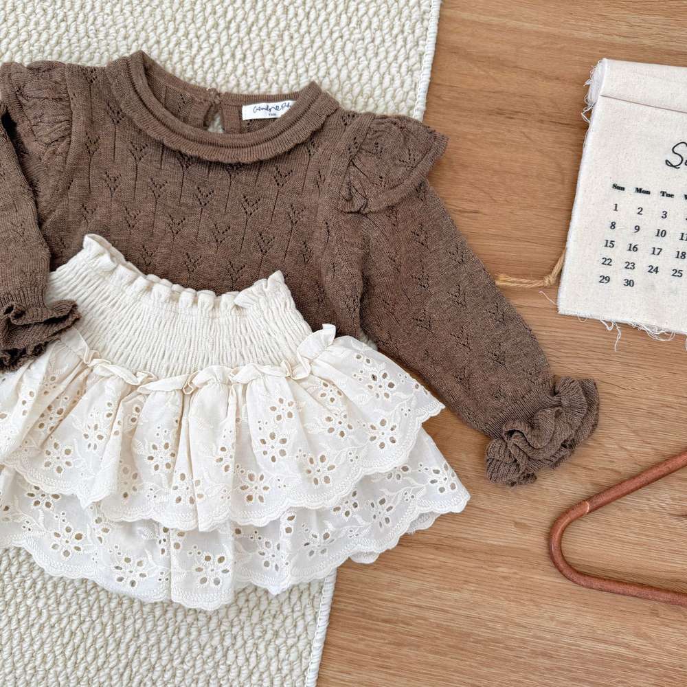 ニット・セーター 長袖ニット フリル襟 フリル袖 透かし編み ベビーセーター【mh0011507】