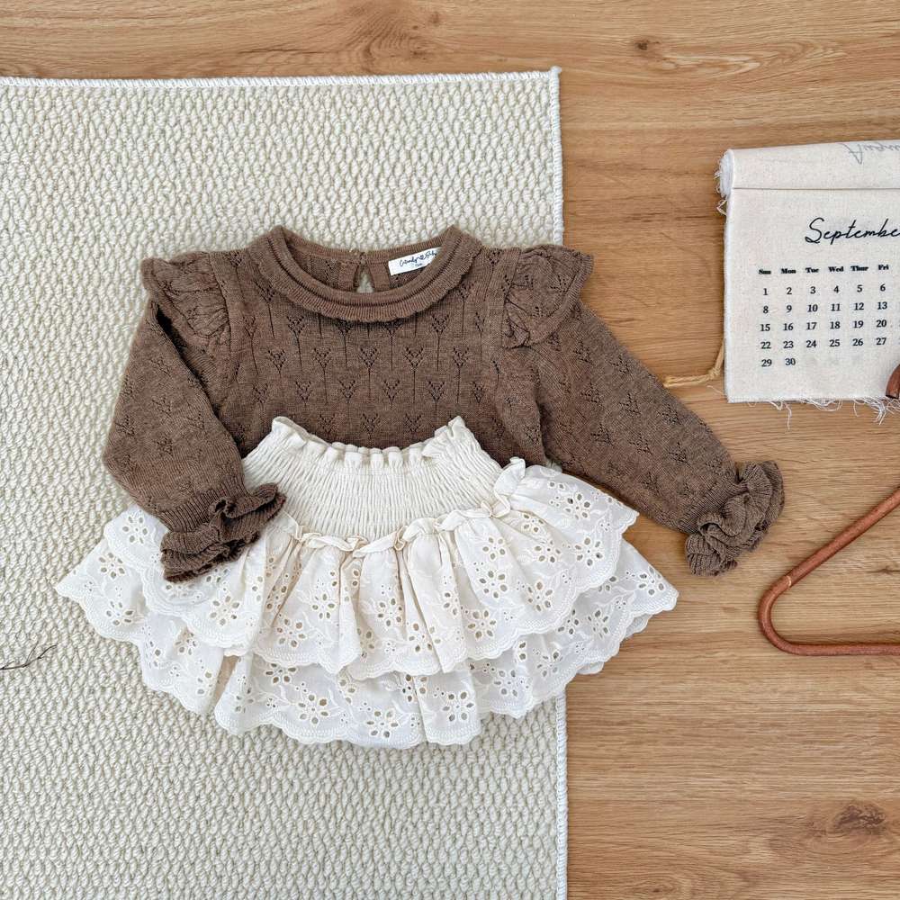 ニット・セーター 長袖ニット フリル襟 フリル袖 透かし編み ベビーセーター【mh0011507】