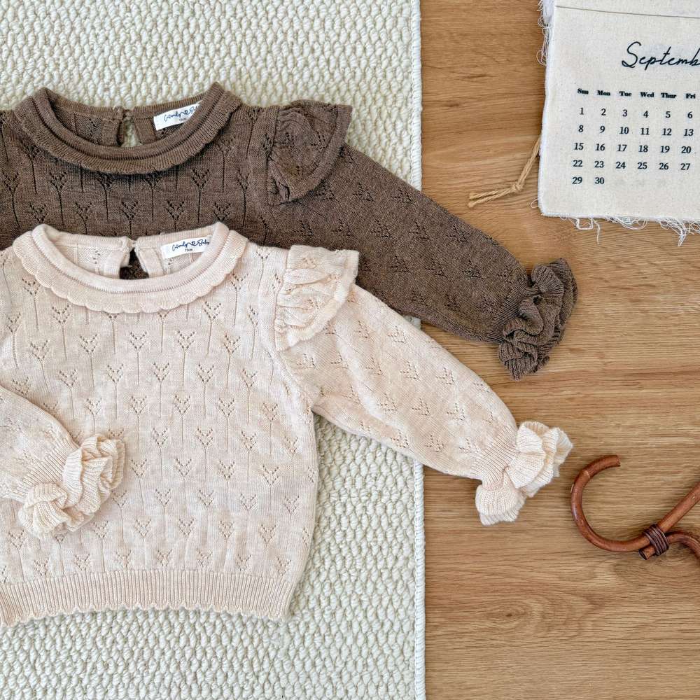ニット・セーター 長袖ニット フリル襟 フリル袖 透かし編み ベビーセーター【mh0011507】