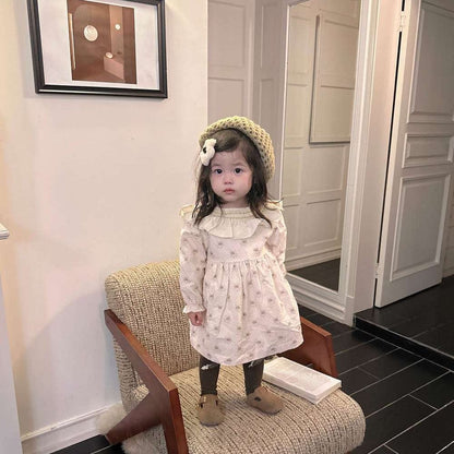 長袖ワンピース 長袖ワンピース ギャザーフリル襟 スモッキング刺繍 小花柄【mh0011509】