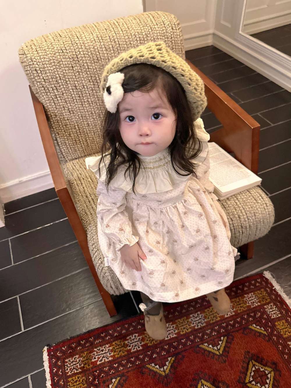 長袖ワンピース 長袖ワンピース ギャザーフリル襟 スモッキング刺繍 小花柄【mh0011509】